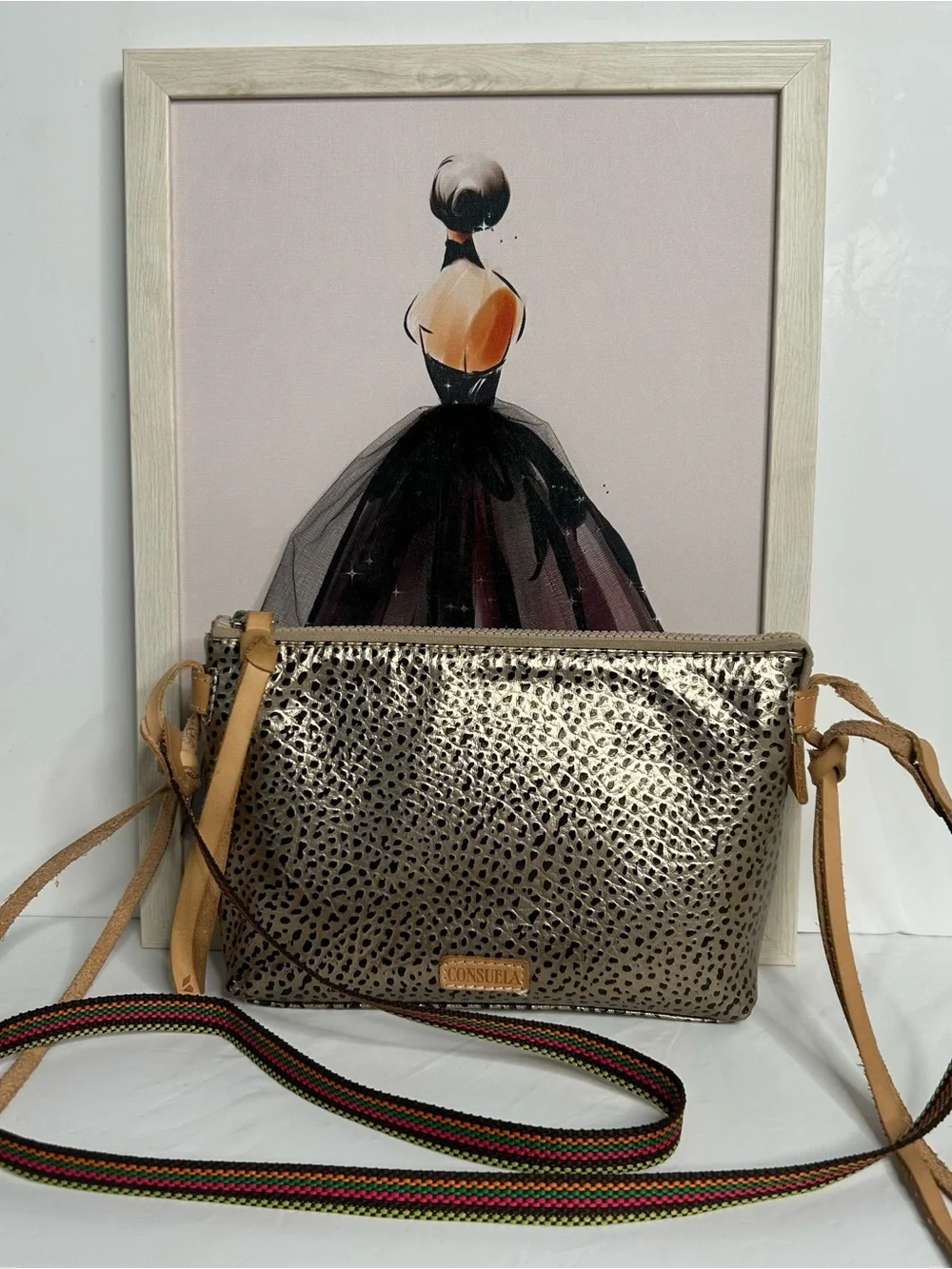 Consuela Metallic Gold Leopard-Print Crossbody with Tan Strap